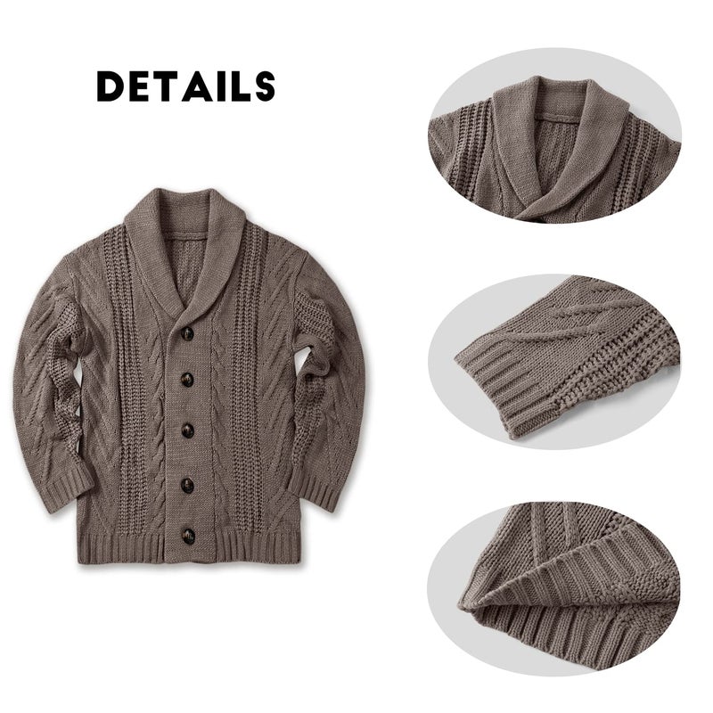 Karlywindow Mens Cable Knit Cardigan Sweater Shawl Collar Loose Fit Long Sleeve Casual Cardigans Brown - Image 4